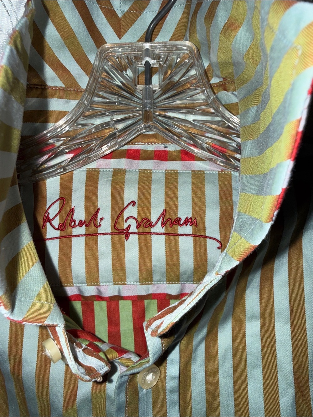 Robert Graham Vertical Striped Dress Shirt Olive & Cream Women’s Size Medium 🔥G7 - Picture 2 of 5